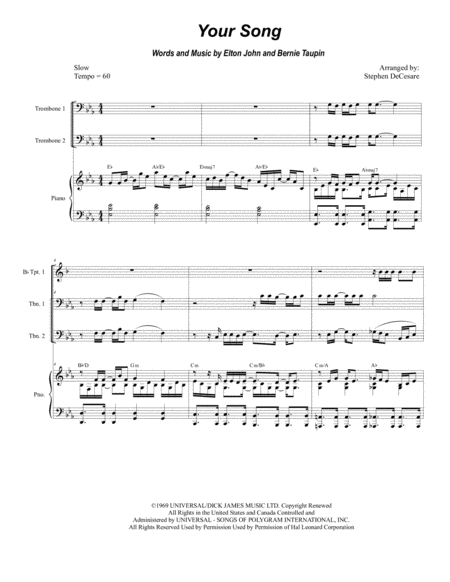 Your Song For Brass Quartet And Piano Alternate Version Sheet Music