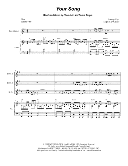 Your Song For Clarinet Choir And Piano Sheet Music