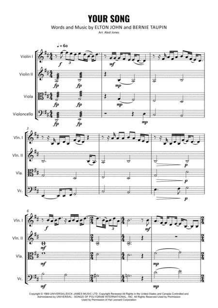 Your Song For String Quartet Sheet Music