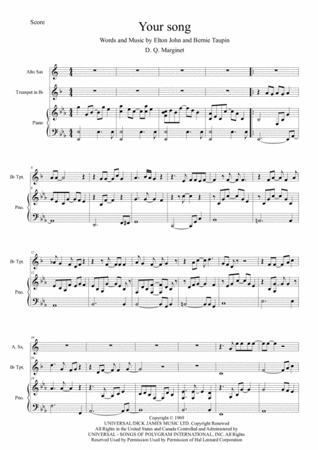 Free Sheet Music Your Song For Trumpet Sax And Piano