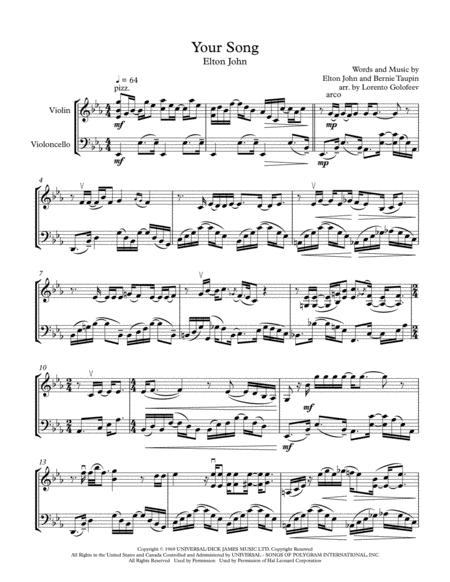 Your Song String Duo Sheet Music