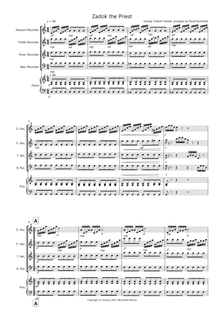 Zadok The Priest For Recorder Quartet Sheet Music