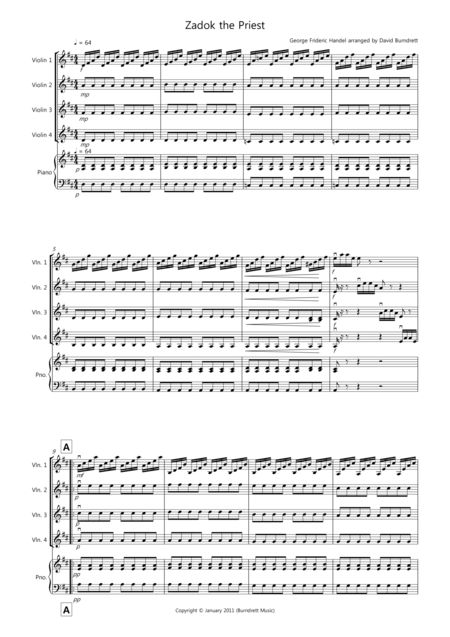 Zadok The Priest For Violin Quartet Sheet Music