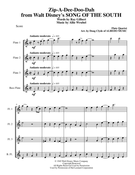 Free Sheet Music Zip A Dee Doo Dah From Walt Disneys Song Of The South For Flute Quartet