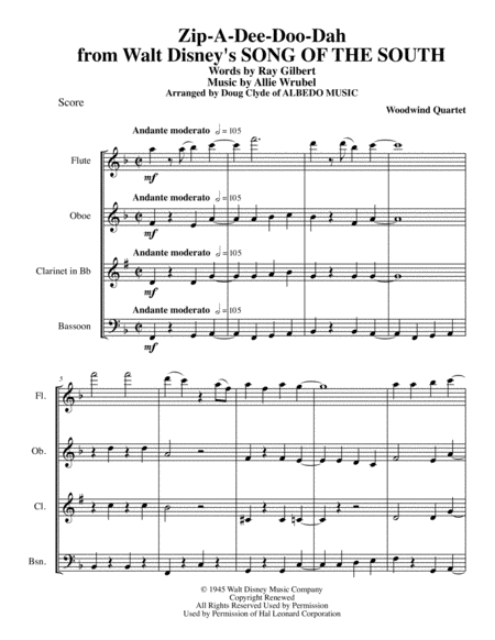 Zip A Dee Doo Dah From Walt Disneys Song Of The South For Woodwind Quartet Sheet Music