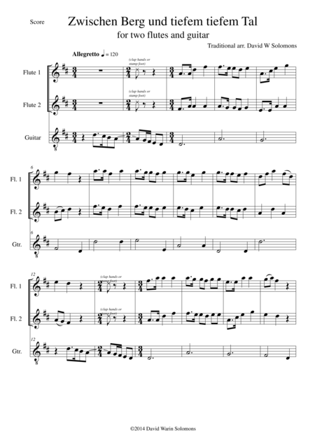 Zwischen Berg Und Tiefem Tiefem Tal For 2 Flutes And Guitar Sheet Music