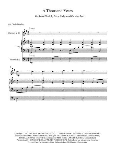 A Thousand Years Arranged For Harp Clarinet And Optional Cello Page 2