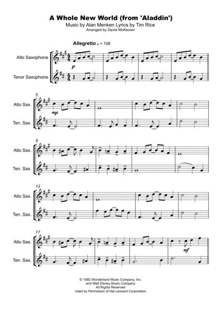 A Whole New World From Aladdin Duet For Alto And Tenor Saxophone Page 2