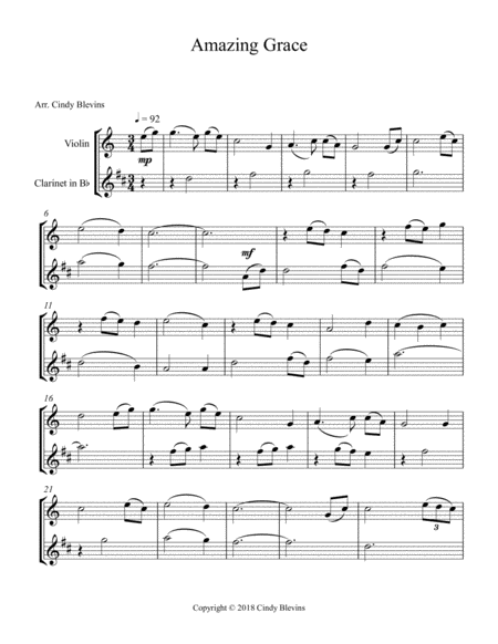 Amazing Grace Arranged For Violin And Bb Clarinet Page 2