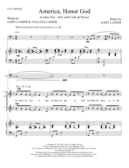 America Honor God Ladies Trio Ssa With Cello Piano Page 2