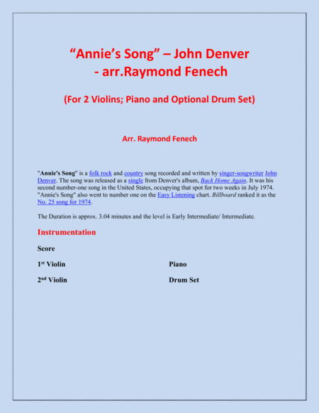 Annies Song John Denver 2 Violins Piano And Optional Drum Set Page 2