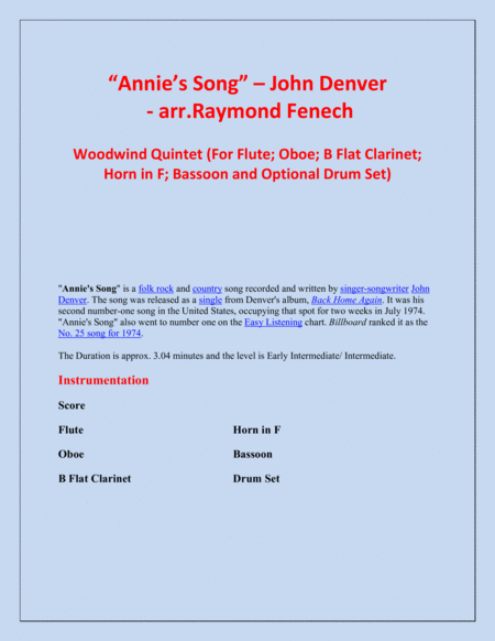 Annies Song John Denver Woodwind Quintet Flute Oboe B Flat Clarinet Horn In F Bassoon And Optional Drum Set Page 2