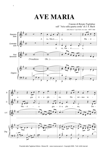 Ave Maria Tagliabue Canon On Air On G String Arr For Sopr Solo Alto Solo Female Voices Choir And Organ Piano Page 2