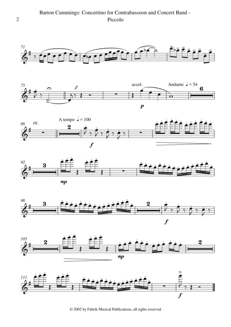 Barton Cummings Concertino For Contrabassoon And Concert Band Piccolo Part Page 2
