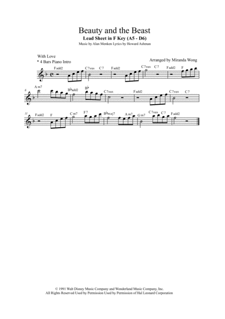 Beauty And The Beast Lead Sheet In C Key F Key Eb Key Page 2