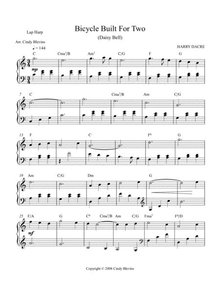 Bicycle Built For Two Arranged For Lap Harp From My Book Feast Of Favorites Vol 4 Page 2