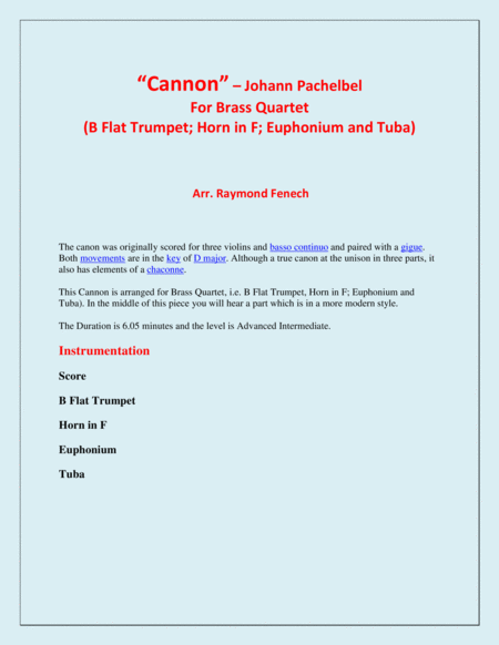 Cannon Johann Pachebel Brass Quartet B Flat Trumpet Horn In F Euphonium And Tuba Page 2