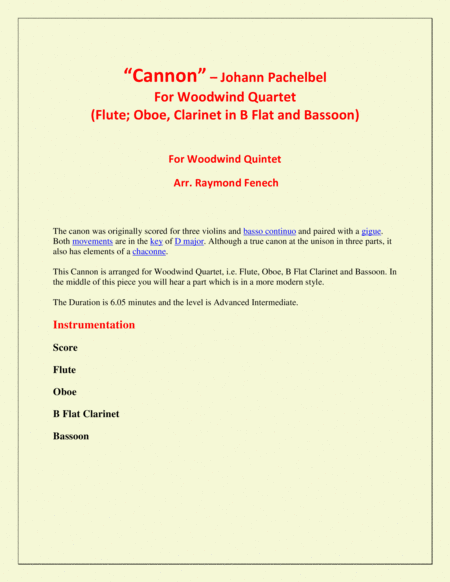 Cannon Johann Pachebel Woodwind Quartet Flute Oboe B Flat Clarinet And Bassoon Page 2