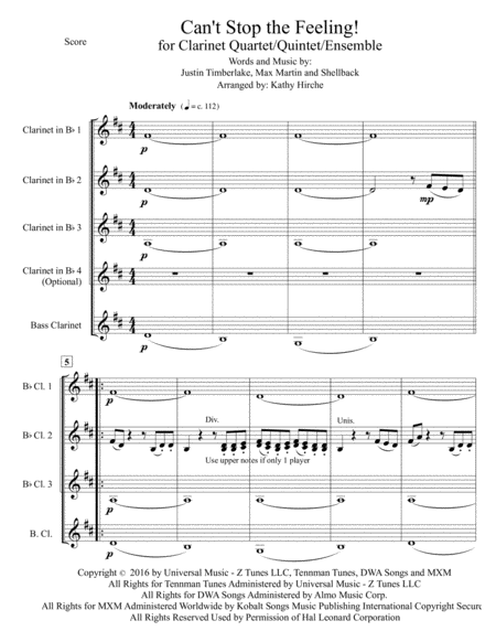 Cant Stop The Feeling From Trolls Clarinet Quartet Quintet Ensemble Page 2
