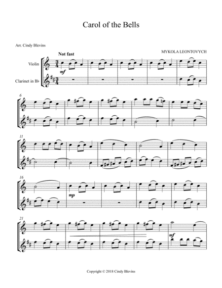 Carol Of The Bells Arranged For Violin And Bb Clarinet Page 2