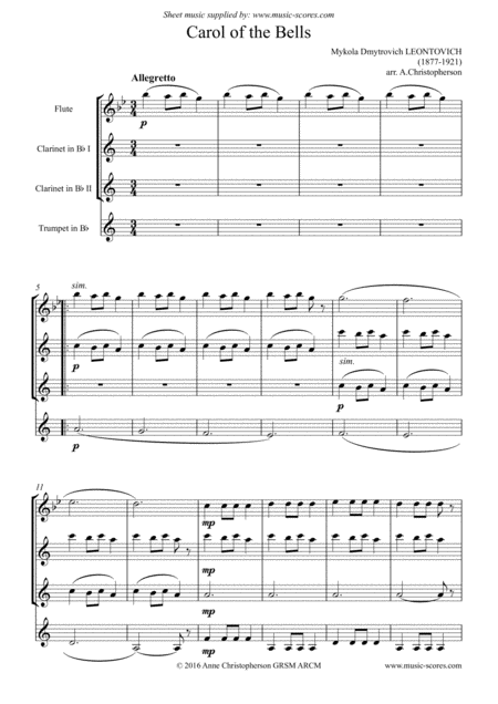 Carol Of The Bells Flute 2 Clarinets Trumpet Page 2