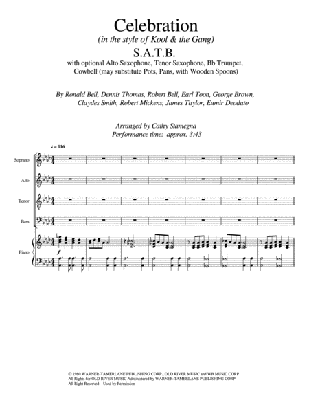 Celebration Satb Choir And Piano Accompaniment With Optional Alto Sax Tenor Sax Bb Trumpet Cowbell May Substitute Pots Pans With Wooden Spoons Page 2