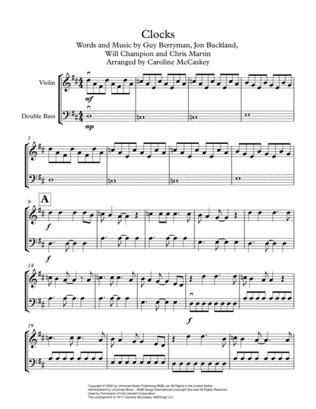 Clocks Violin And Double Bass Duet Page 2