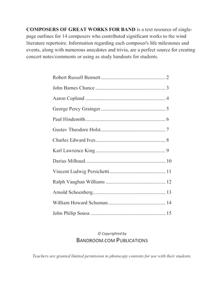 Composers Of Great Works For Band Booklet With Life Timelines Anecdotes Trivia For Major Band Composers Page 2