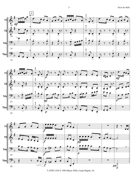 Deck The Halls Traditional English Carol Set For Mixed Brass Quartet 2 Trumpets Trombone Tuba Page 2