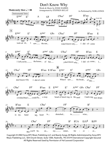 Dont Know Why Norah Jones Lead Sheet Key Of E Page 2