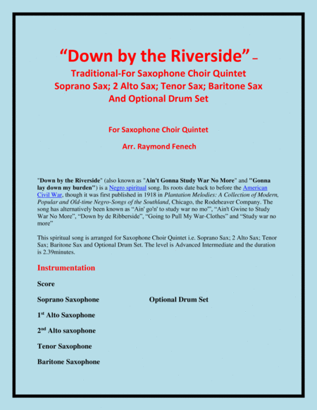 Down By The Riverside Saxophone Choir Quintet Soprano Sax 2 Alto Sax Tenor Sax Baritone Sax And Optional Drum Set Page 2