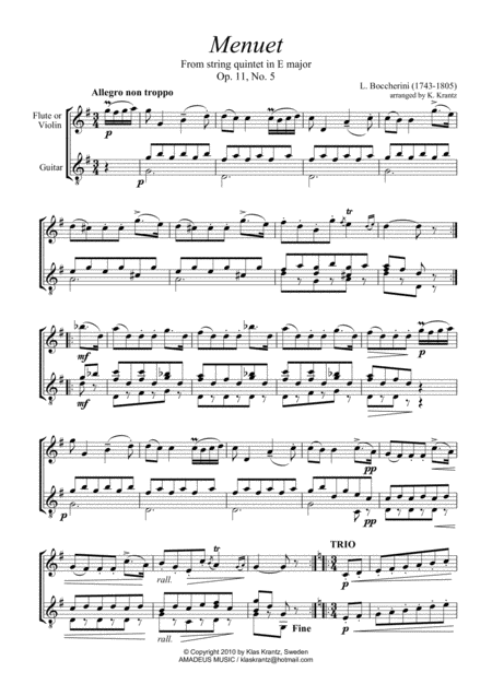 Famous Menuet Minuet G Major For Violin Or Flute And Guitar Page 2