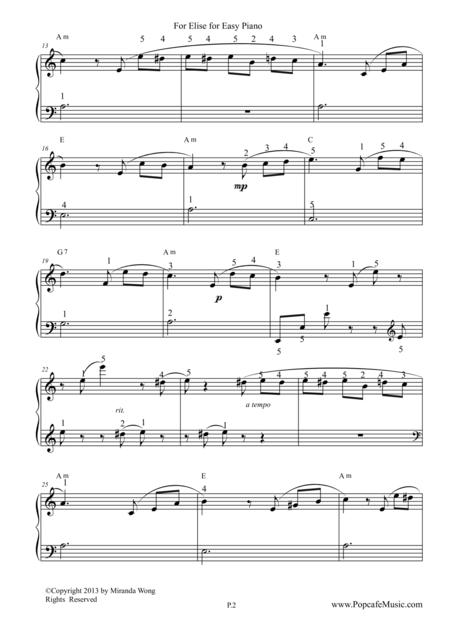 For Elise Easy Piano Version With Fingerings Page 2