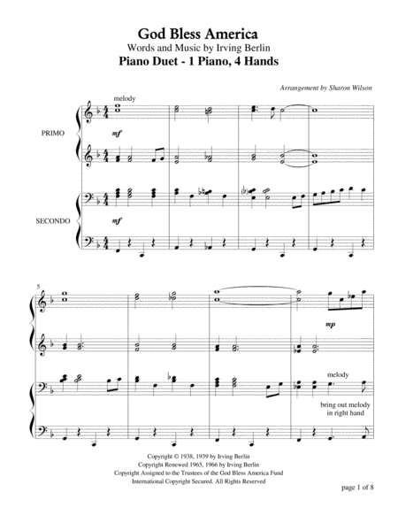 God Bless America 1 Piano 4 Hands Duet Page 2