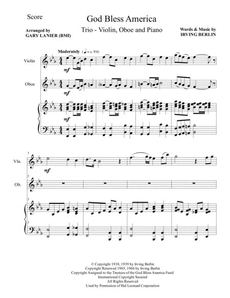 God Bless America Trio Violin Oboe And Piano Score And Parts Page 2