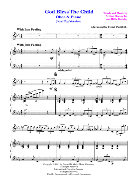 God Bless The Child For Oboe And Piano Jazz Pop Version Page 2