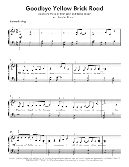 Goodbye Yellow Brick Road Easy Piano Page 2