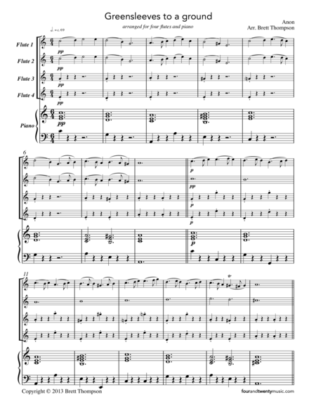 Greensleeves To Ground Arranged For 4 Flutes And Piano Page 2