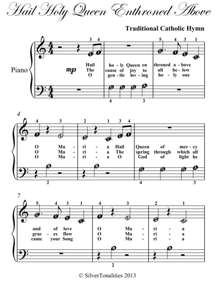 Hail Holy Queen Enthroned Above Beginner Piano Sheet Music Page 2