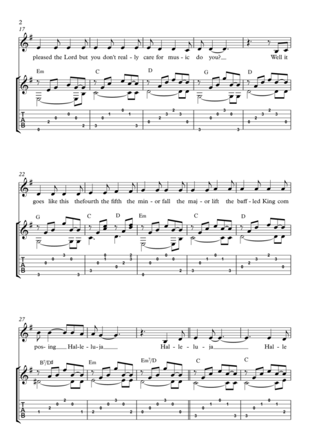 Halleluja For Fingerstyle Guitar Voice Lyrics Tab And Chords Page 2