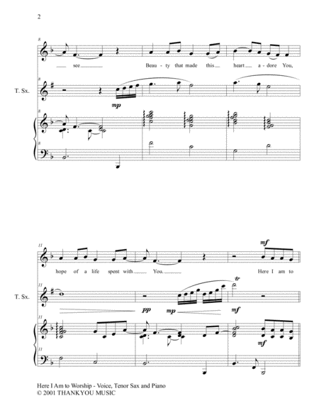 Here I Am To Worship Voice Tenor Sax And Piano Score Parts Page 2