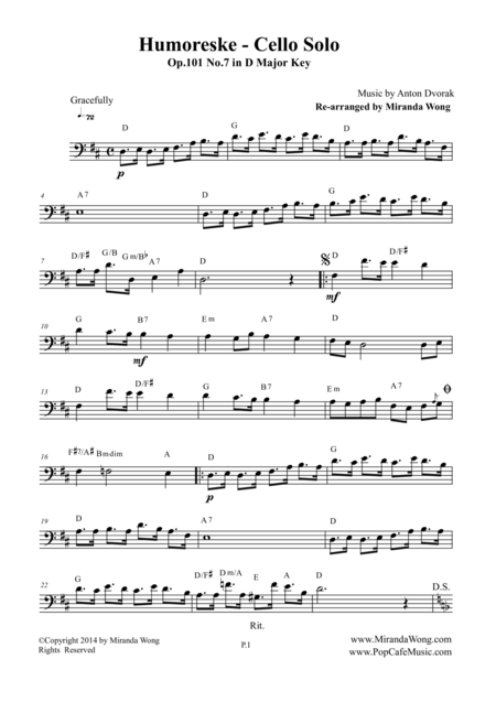 Humoreske Op 101 No 7 Lead Sheet For Cello Solo Bass Clef Page 2