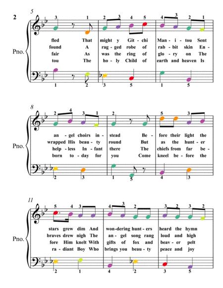 Huron Carol Twas In The Moon Of Wintertime Easy Piano Sheet Music With Colored Noteheads Page 2