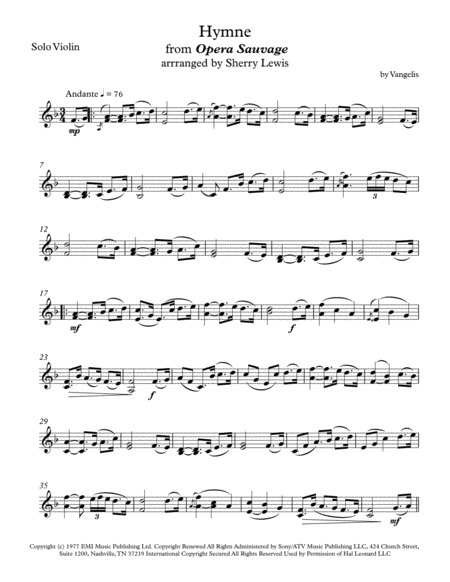 Hymne By Vangelis Solo Violin For Violin Solo Page 2