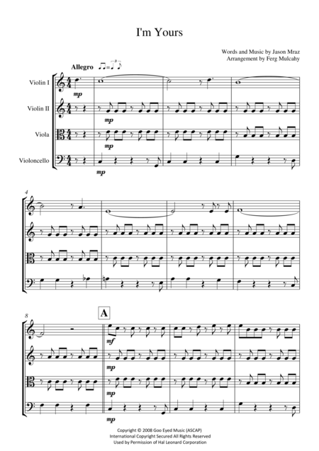 I M Yours By Jason Mraz For String Quartet In C Major Page 2