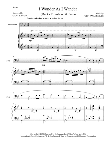 I Wonder As I Wander Duet Trombone And Piano Score With Trombone Part Page 2