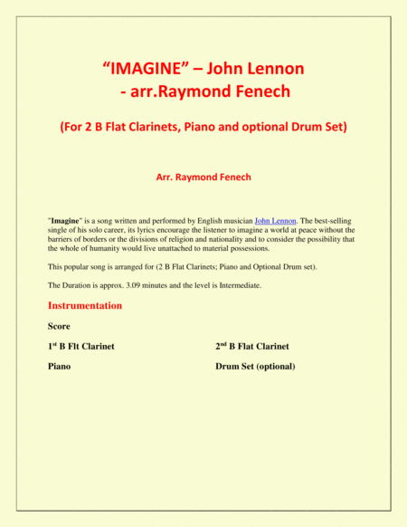 Imagine John Lennon 2 B Flat Clarinets And Piano With Optional Drum Set Page 2