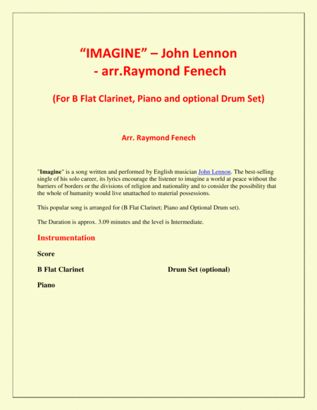 Imagine John Lennon B Flat Clarinet And Piano With Optional Drum Set Page 2