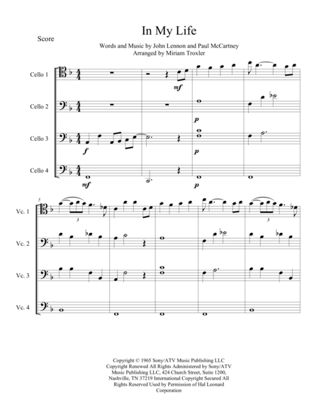 In My Life For Cello Quartet Page 2