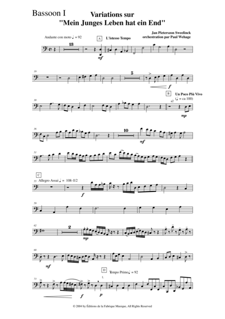 Jan Pieterszoon Sweelinck Paul Wehage Variations On Mein Juges Leben Hat Ein Ende Arranged For Concert Band Bassoon 1 Part Page 2